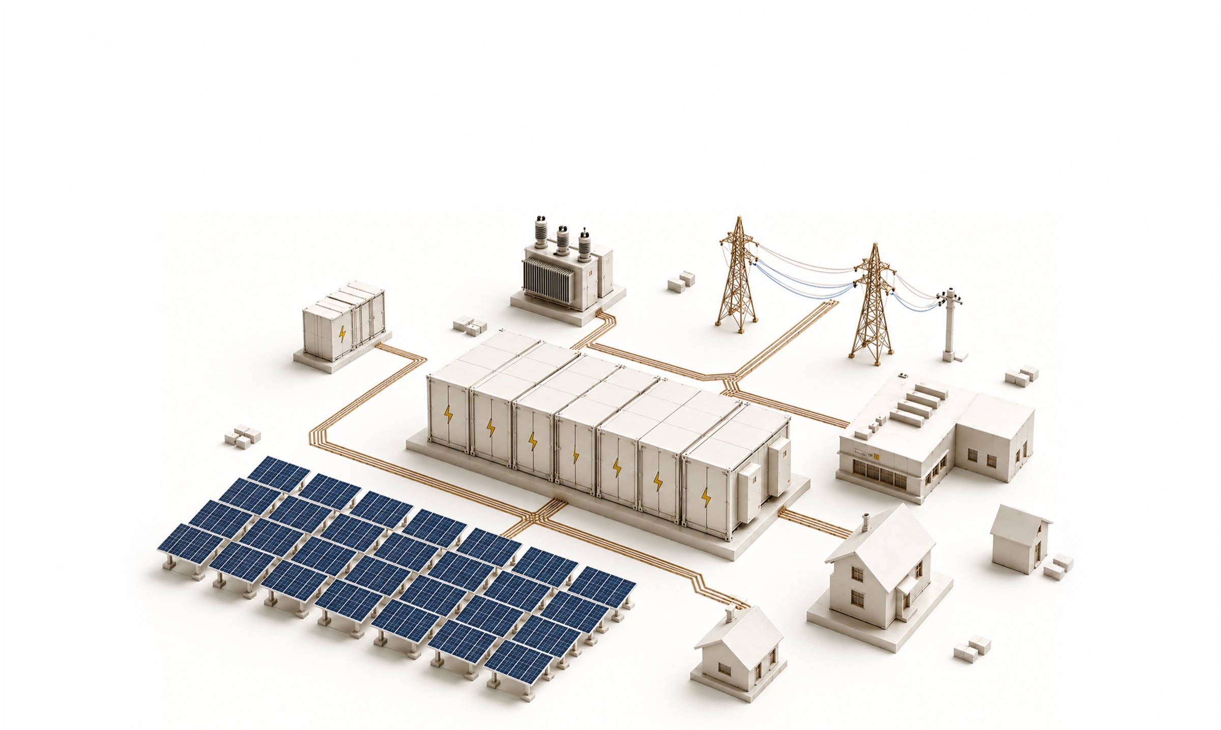 Isometric residential and industrial energy network connected to battery storage through golden power pathways.