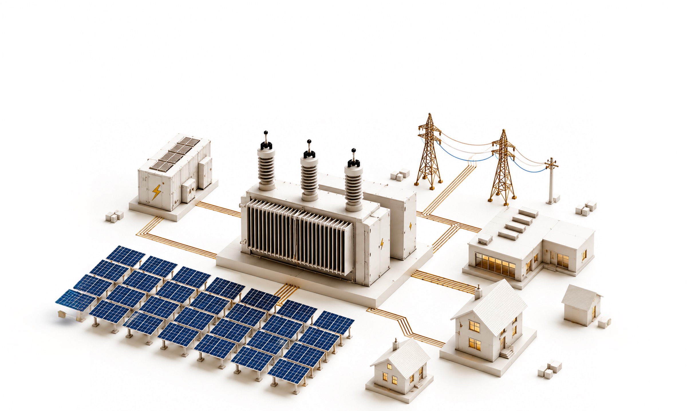 Isometric energy control center connecting solar panels, battery containers, and generation equipment.