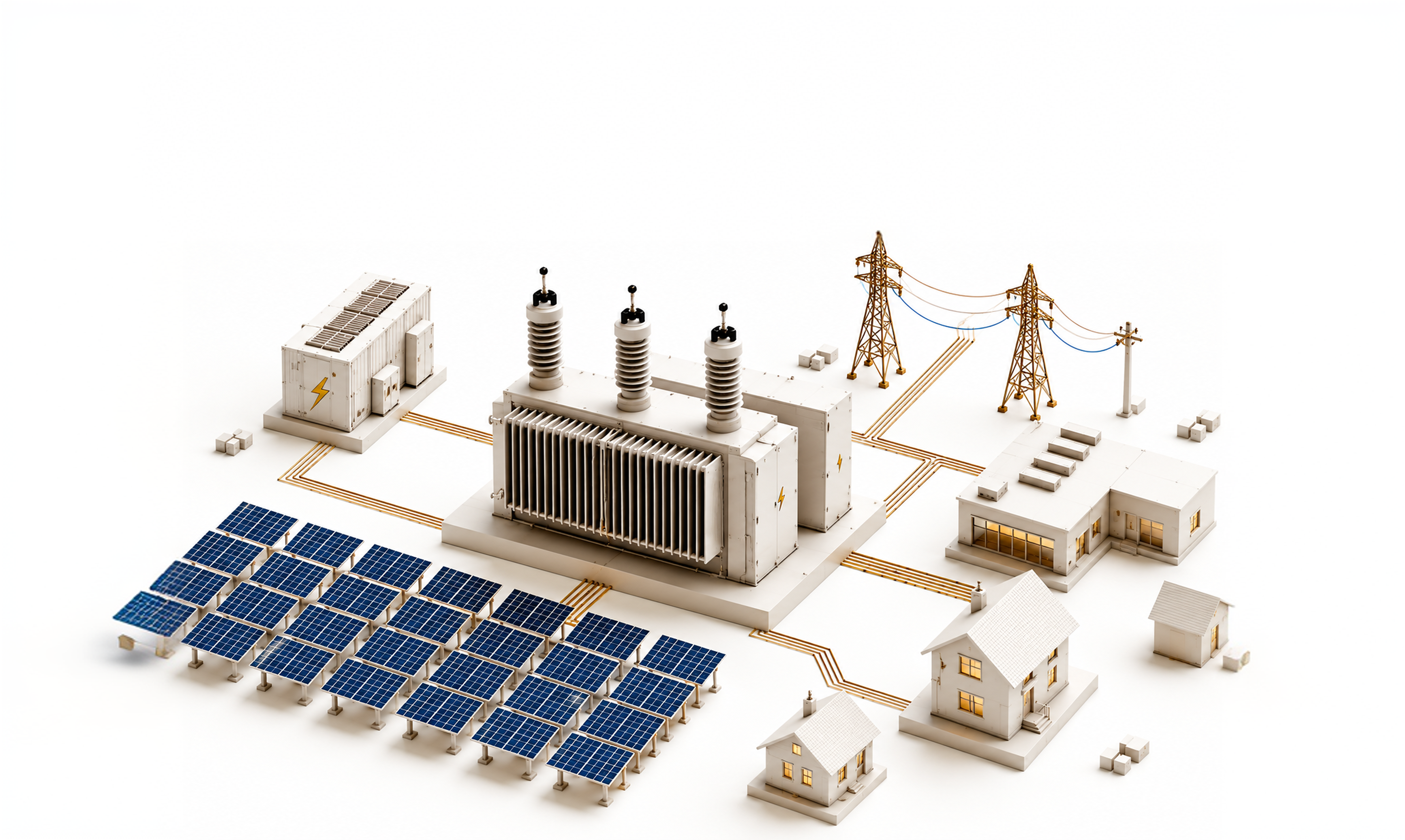Isometric energy control center connecting solar panels, battery containers, and generation equipment.